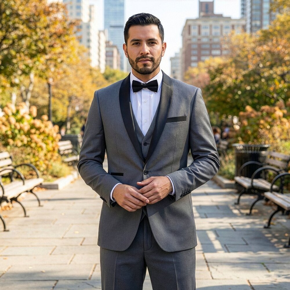 New 2026 Mens 3pc Solid GreyTuxedo Suit Set, Hybrid Fit (H2)